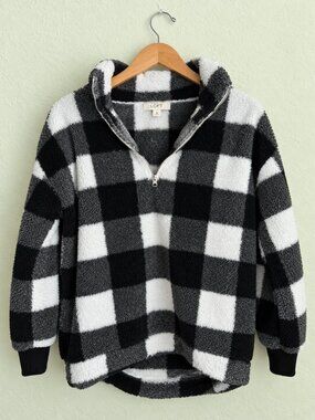 LOFT Small Buffalo Plaid Sherpa Fleece Quarter Zip Pullover.    (BT)